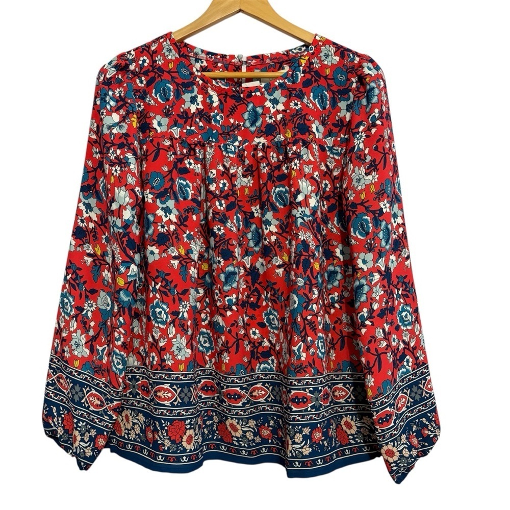 Loft Floral Long Sleeve Popover Prairie Boho Tunic Red Blue Top Size Small NWT